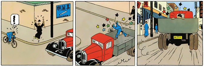 Tintin en vélo heutre un camion venant de la gauche et tombe dans la remorque de ce camion.